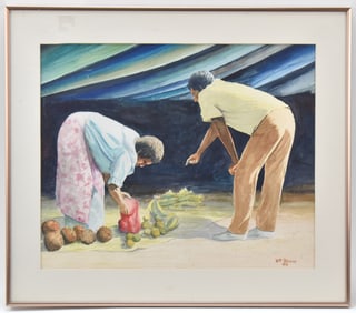 WM BERRY 'MARKET SCENE' WATERCOLOR PAINTING