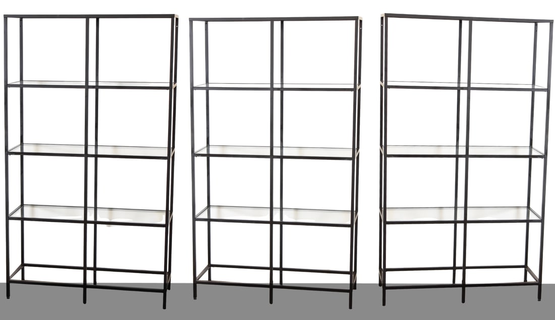 THREE IKEA VITTSJO BLACK SHELVING UNITS: This lot includes three Ikea Vittsjo black shelving units with four shelves each. The item measures 69" H, 39.5" W, 14.5" D.