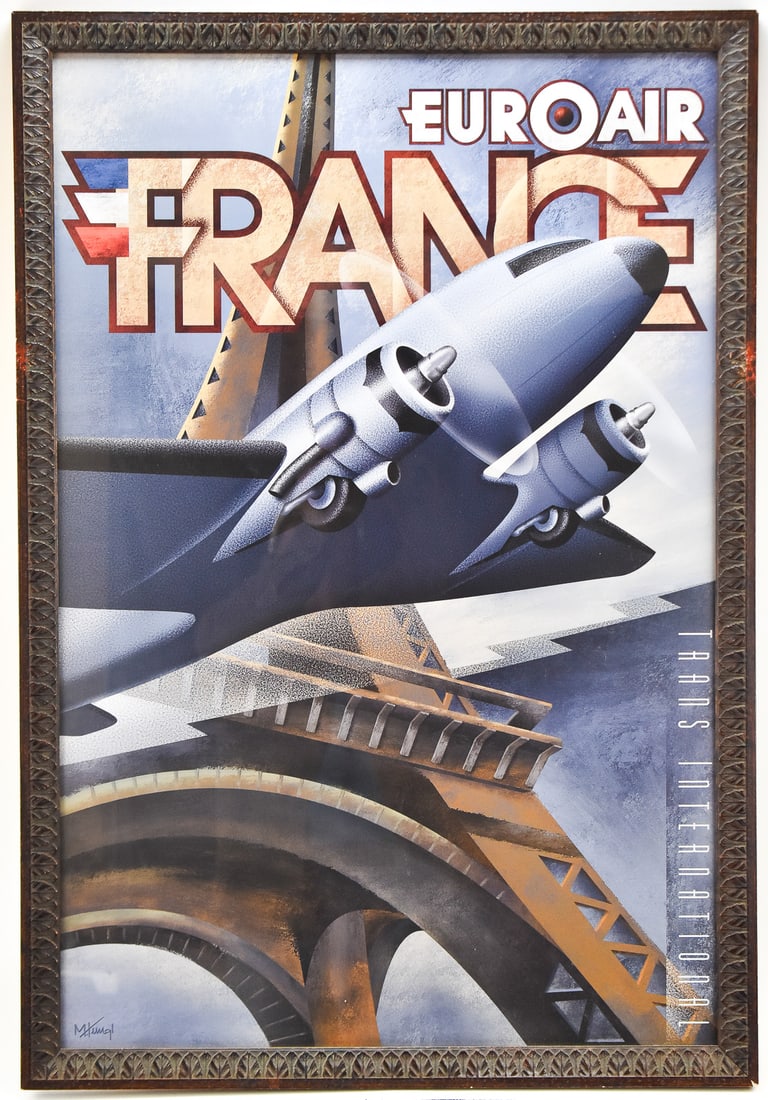FRAMED TRANS INTERNATIONAL EUROAIR FRANCE AVIATION POSTER BY M. KUNGL: A red lacquer framed Trans International EuroAir France aviation poster by M. Kungl, measuring 35" x 23.5" and presented in a frame measuring 38.5" H x 26.5" W x 1 D.