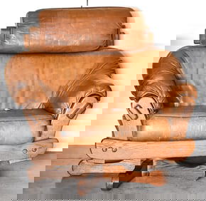 MID-CENTURY DUTCH OAK & LEATHER SWIVEL LOUNGE CHAIR