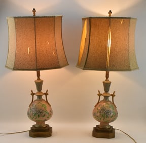 PAIR OF MID-CENTURY HOLLYWOOD REGENCY STYLE HAND-PAINTED TABLE LAMPS