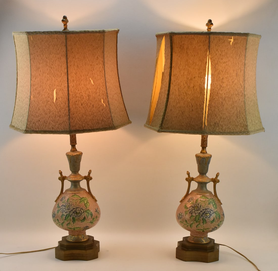 PAIR OF MID-CENTURY HOLLYWOOD REGENCY STYLE HAND-PAINTED TABLE LAMPS: Pair of Mid-century Hollywood regency style hand-painted table lamps with brass bases. Overall measurements including the shades are 33"H X 17"W x 17"D.