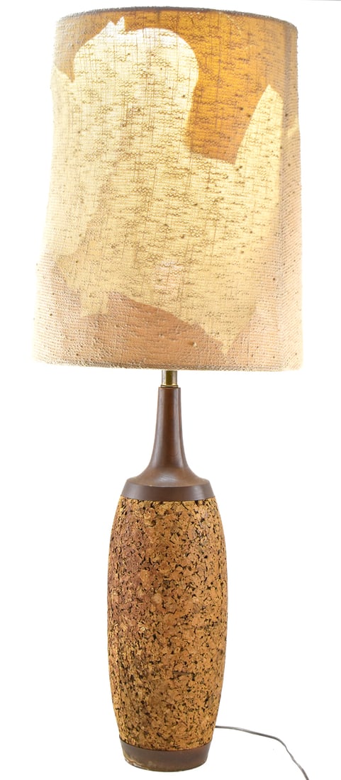 MID-CENTURY TALL DANISH TEAK & CORK TABLE LAMP: A Mid-century tall Danish teak and cork table lamp that includes the shade, measuring 45"H x 17"W x 17"D.
