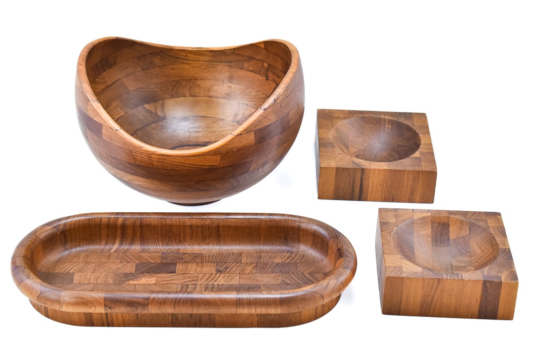 COLLECTION OF MID-CENTURY ERNEST SOHN SIAMESE TEAK SEGMENTED BOWLS & OTHER: A collection of Siamese teak segmented teak bowls which includes a large Ernest Sohn measuring 8"H x 11'W x 11"D, an ATAPCO bread tray, and a set of two herb bowls.