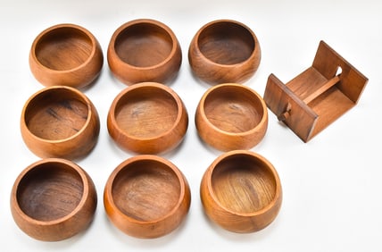 MID-CENTURY KALMAR TEAK SALAD BOWLS & NAPKIN HOLDER