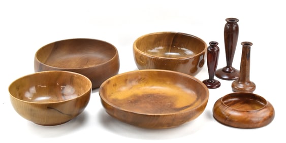 COLLECTION OF OREGON MYRTLEWOOD BOWLS & CALIFORNIA REDWOOD CANDLESTICKS