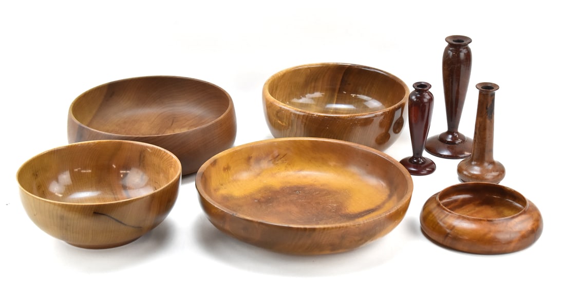 COLLECTION OF OREGON MYRTLEWOOD BOWLS & CALIFORNIA REDWOOD CANDLESTICKS (1 of 4)