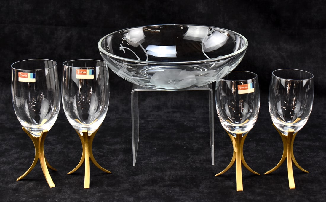 MID-CENTURY FOSTORIA 'GOLD TRIUMPH' WINE GOBLETS & 'MORNING GLORY BOWL (1 of 4)