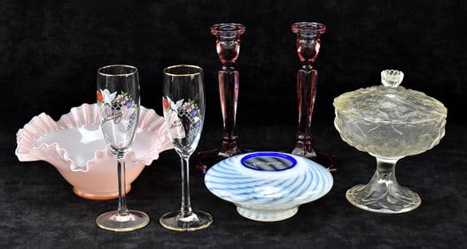 FENTON GLASS ASSORTMENT: 'WATER LILY' COMPOTE, FENTON 40TH ANNIVERSARY FLUTES, & MORE