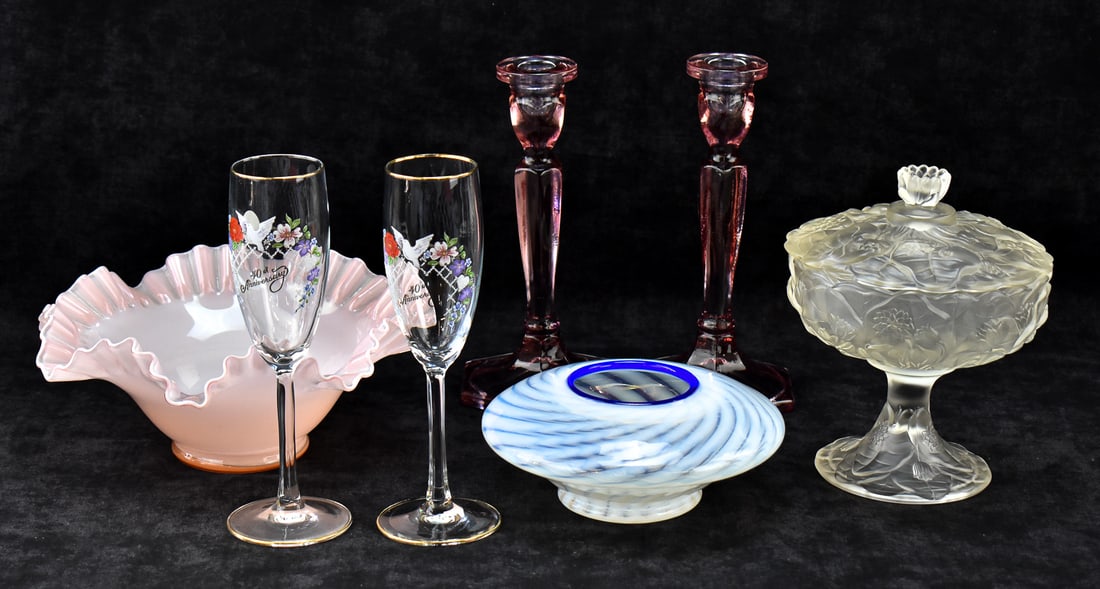 FENTON GLASS ASSORTMENT: 'WATER LILY' COMPOTE, FENTON 40TH ANNIVERSARY FLUTES, & MORE (1 of 4)