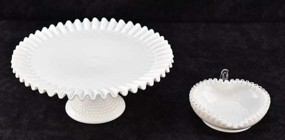 FENTON MILK GLASS HOBNAIL CAKE STAND & FENTON SILVERCREST HEAR-SHAPED DISH