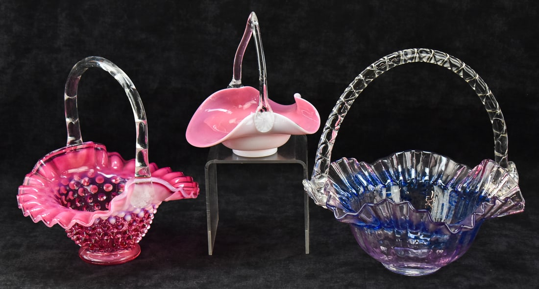 THREE ART GLASS BASKETS: FENTON HOBNAIL BASKET, PINK CASED GLASS, BLUE-PINK RUFFLED GLASS BASKET (1 of 2)