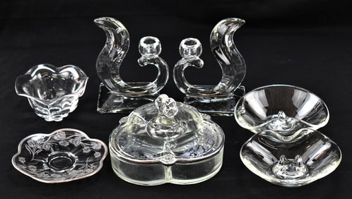 ASSORTED CLEAR & SILVER OVERLAY GLASSWARE