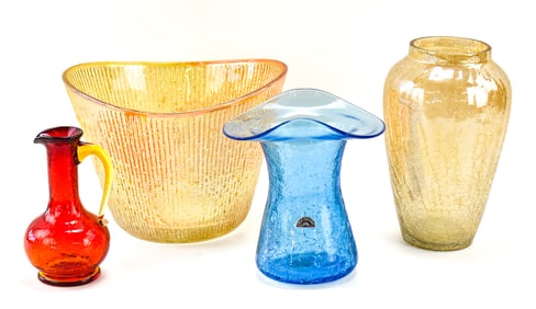 RAINBOW GLASS COMPANY CRACKLE GLASS HAT VASE, JEANETTE GLASS COMPANY MARIGOLD TREE BARK ICE BUCKET,