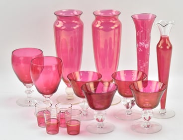 CRANBERRY GLASS ASSORTMENT: SHOT GLASSES, SHERBETS, GOBLETS, VASES