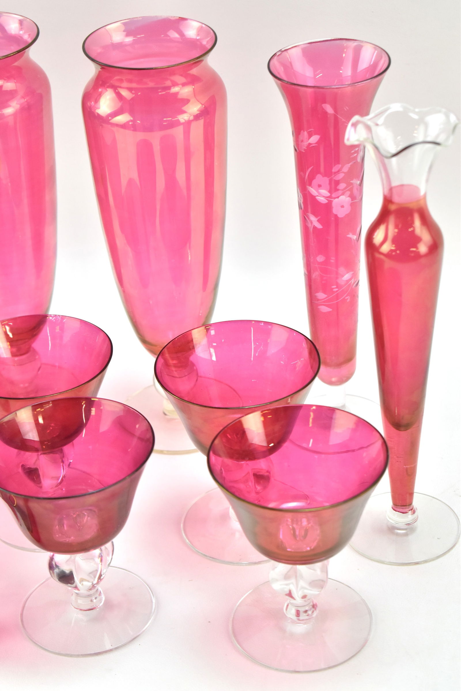 CRANBERRY GLASS ASSORTMENT: SHOT GLASSES, SHERBETS, GOBLETS, VASES - 2