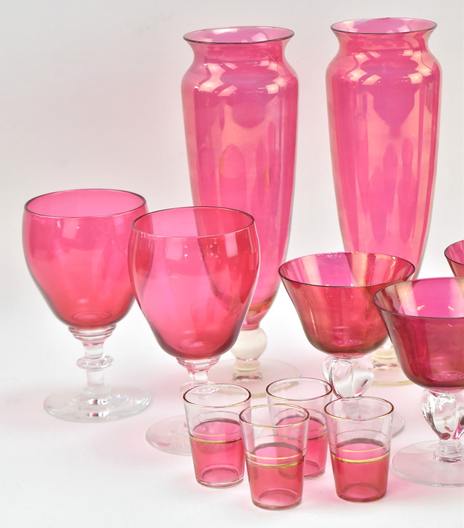 CRANBERRY GLASS ASSORTMENT: SHOT GLASSES, SHERBETS, GOBLETS, VASES - 3