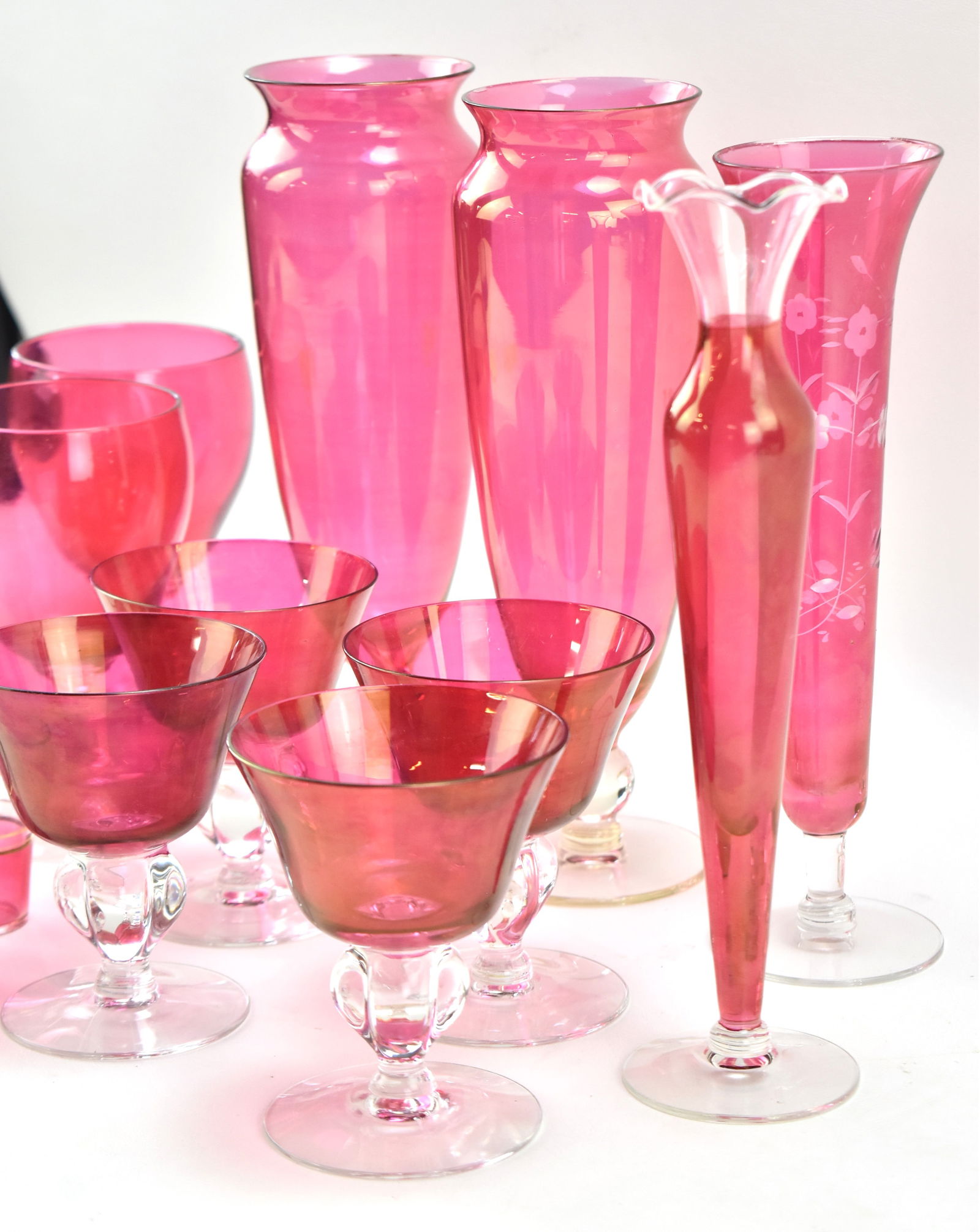 CRANBERRY GLASS ASSORTMENT: SHOT GLASSES, SHERBETS, GOBLETS, VASES - 4