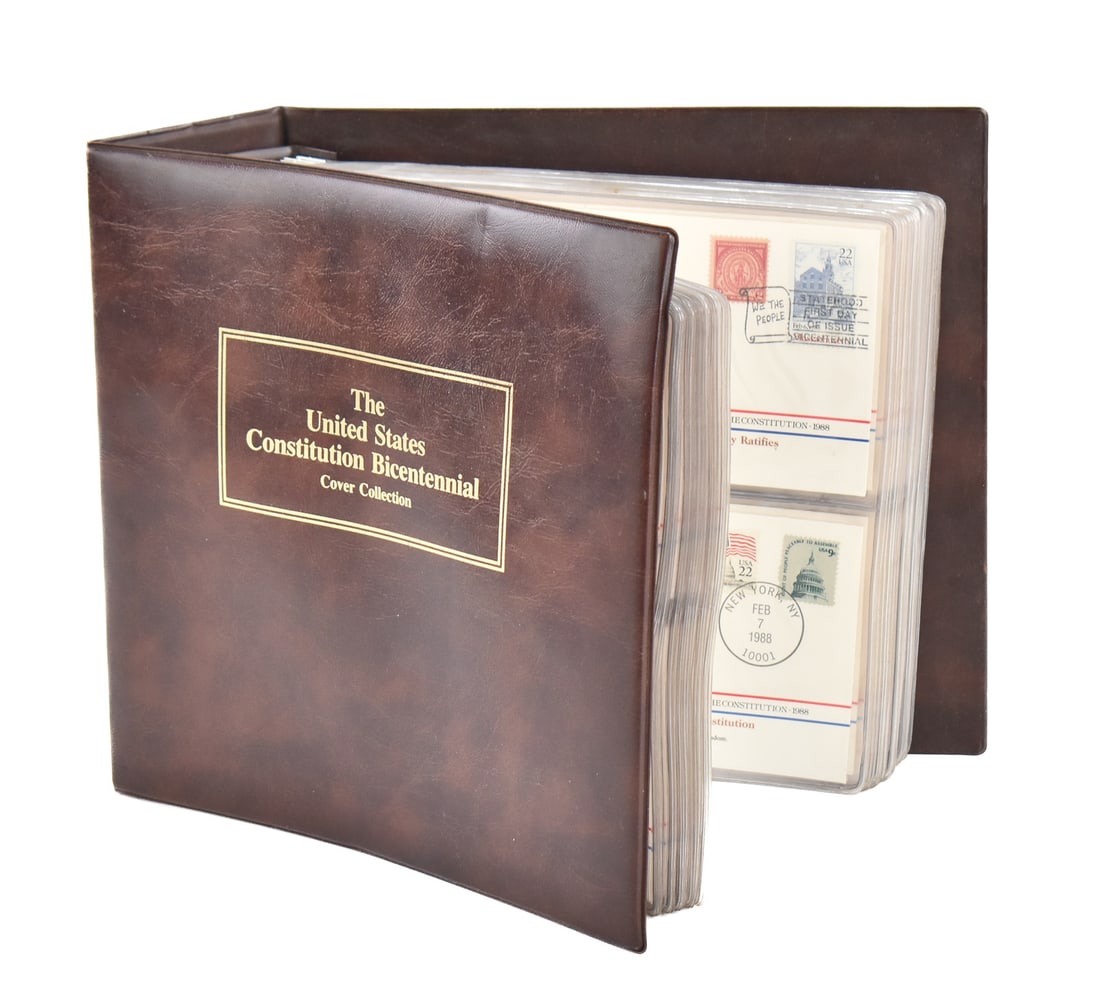 FLEETWOOD US CONSTITUTION BICENTENNIAL STAMP COLLECTION: A Fleetwood US Constitution Bicentennial Cover Collection 1987-1991 stamp collection in a protective binder measuring 10" H x 10" W x 4" D.