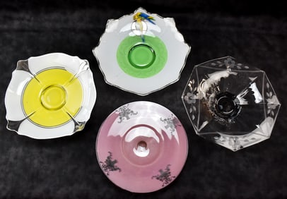 THREE GLASS CENTER BOWLS & CAKESTAND