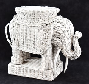 MID-CENTURY WHITE WICKER ELEPHANT PLANT STAND OR SIDE TABLE