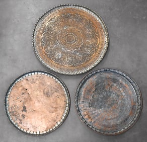 THREE TINNED COPPER ENGRAVED ISLAMIC TRAYS