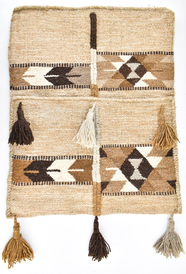 ZAPOTECAN WOOL TEXTILE WALL-HANGING: A Zapotecan, Oaxaca, Mexico hand-woven wool mounted textile wall-hanging. The item measures 35" H, 24" W, 1.5" D.