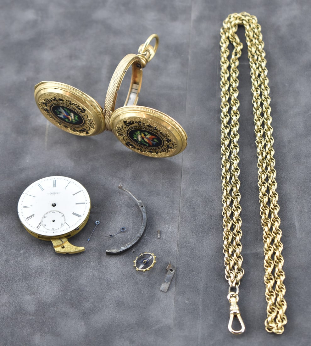 18K GOLD POCKET WATCH CASE, ELGIN NATIONAL WATCH CO, WATCH MOVEMENT & GOLD-PLATED WATCH CHAIN (1 of 3)