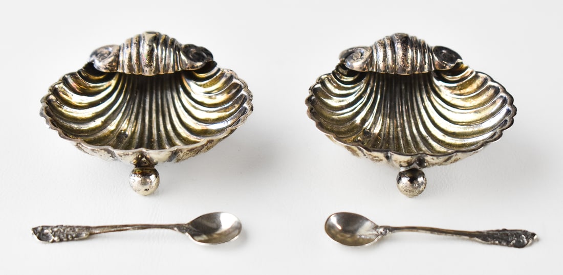 PAIR OF ENGLISH STERLING FOOTED SHELL SALT CELLARS W/ SPOONS, C. 1900 (1 of 3)