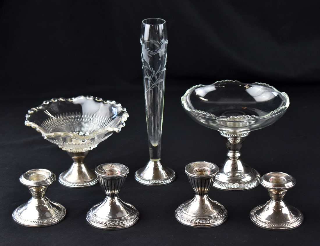 WEIGHTED STERLING SILVER CANDLESTICKS, VASE, & COMPOTES (1 of 3)