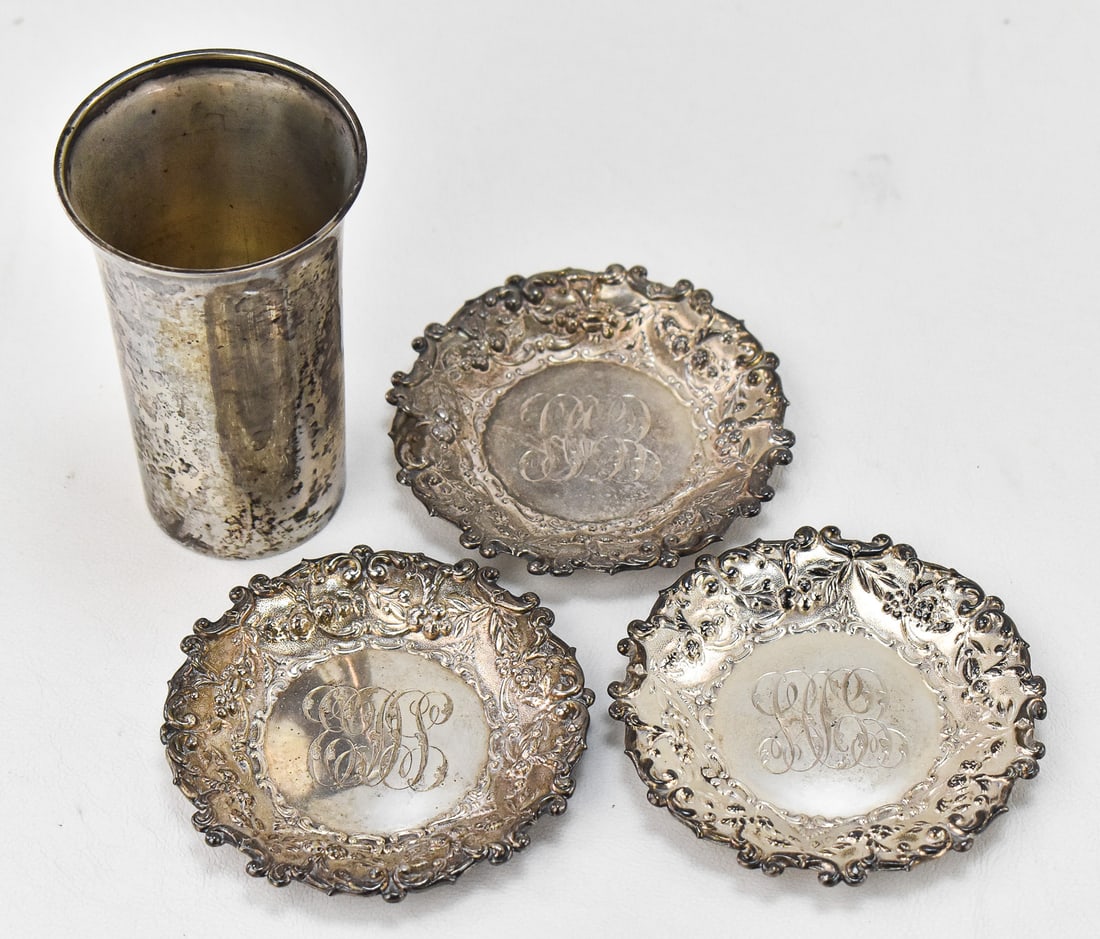 GORHAM STERLING SILVER NUT DISHES, & STERLING SILVER TUMBLER (1 of 5)