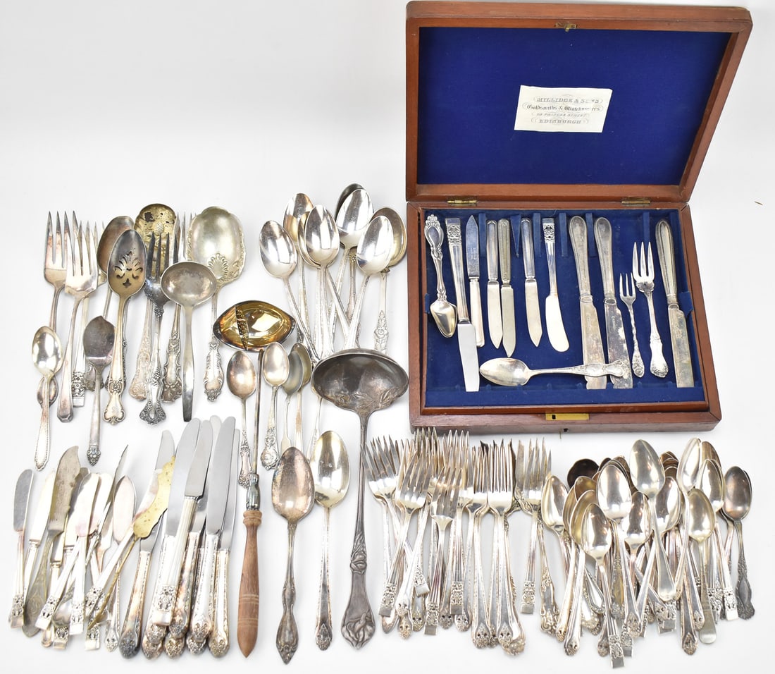 LARGE ASSORTMENT OF SILVERPLATE UTENSILS & COIN SILVER FORK (1 of 5)