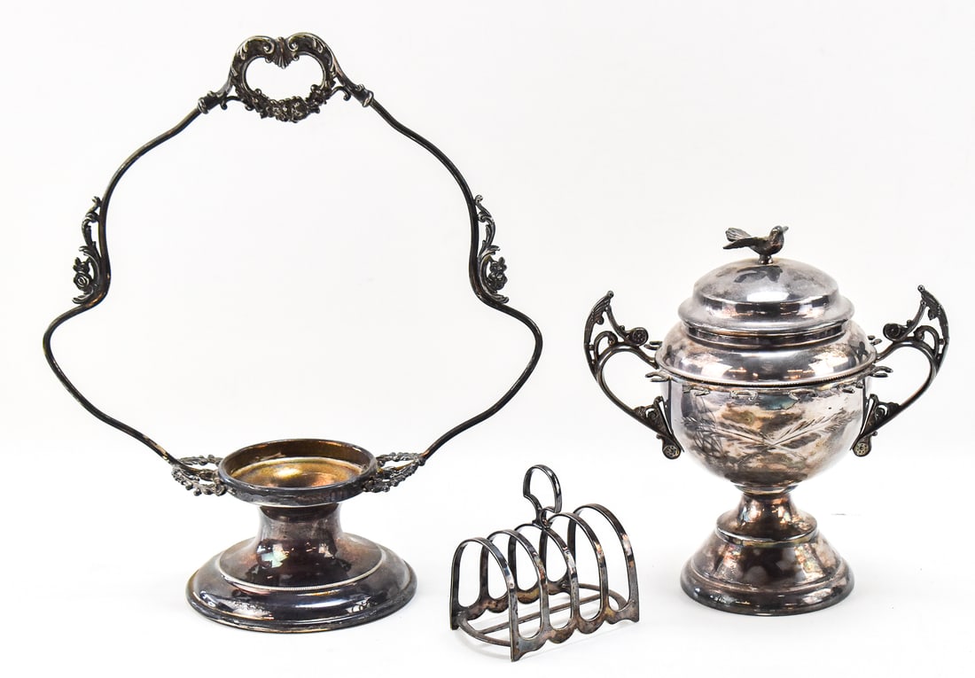 WM. ROGERS & SON (ATTR.) SUGAR BOWL, POOLE SILVER COMPANY BRIDE'S BASKET FRAME, & TOAST RACK (1 of 3)