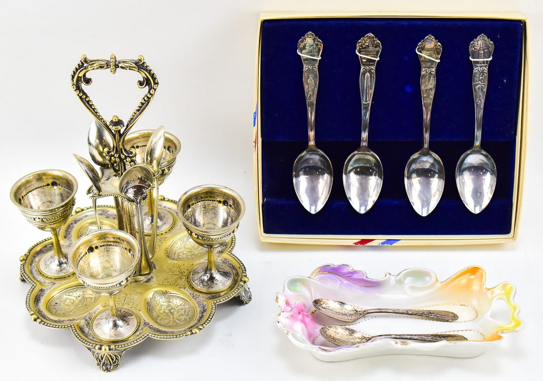 ENGLISH EGG CRUET, PLYMOUTH SILVER PLATE TEASPOONS, BOSTON SOUVENIR SPOONS, & MORE (1 of 4)