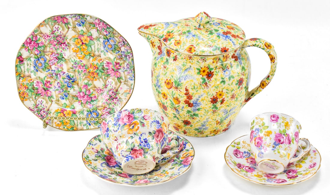 ENGLISH & CZECHOSLOVAKIA CHINTZ CHINA COLLECTION: JAMES KENT, ROYAL STAFFORD, & MORE: A collection of Chintz china that includes; James Kent "Crazy Paving" small plate, James Kent "Rosalynde" cup and saucer set, Royal Stafford "June Roses" cup and saucer set, and a Czech "Fairfax"