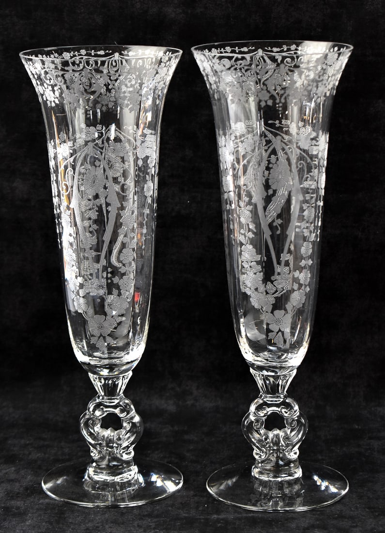 PAIR OF CAMBRIDGE 'DIANE' ETCHED CRYSTAL STEMMED VASES: A pair of Cambridge "Diane" pattern etched crystal 12" keyhole stemmed vases, circa 1940-50s. Vase measure 12" H x 4.25" W x 2.25" D.