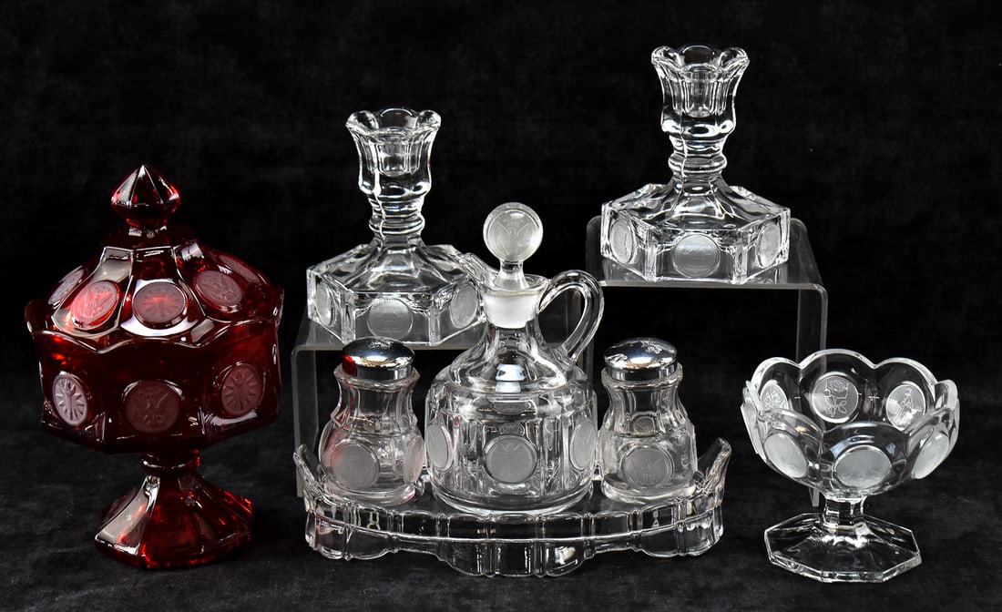 FOSTORIA 'COIN' PIECES: JELLY DISH, RUBY RED WEDDING BOWL, & MORE (1 of 2)