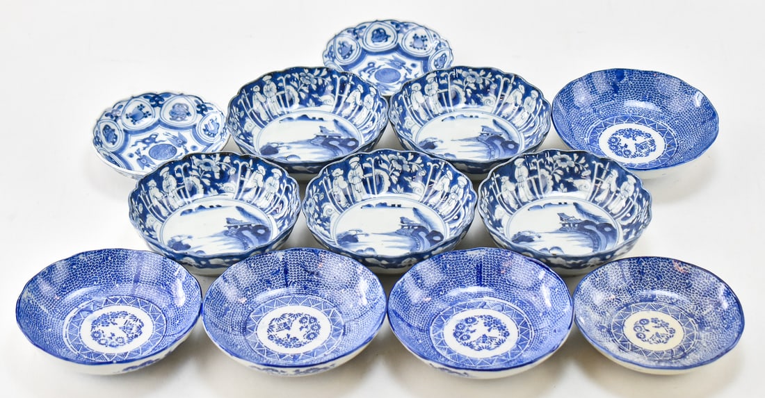 JAPANESE IMARI SOMETSUKE ASSORTMENT: SCHIKUBAI & CHRYSANTHEMUM BOWLS: This lot includes an assortment of Japanese imari sometsuke pieces, circa late Edo period-mid Showa period: five shochikubai bowls, five chrysanthemum form landscape bowls, and two smaller chrysanthem