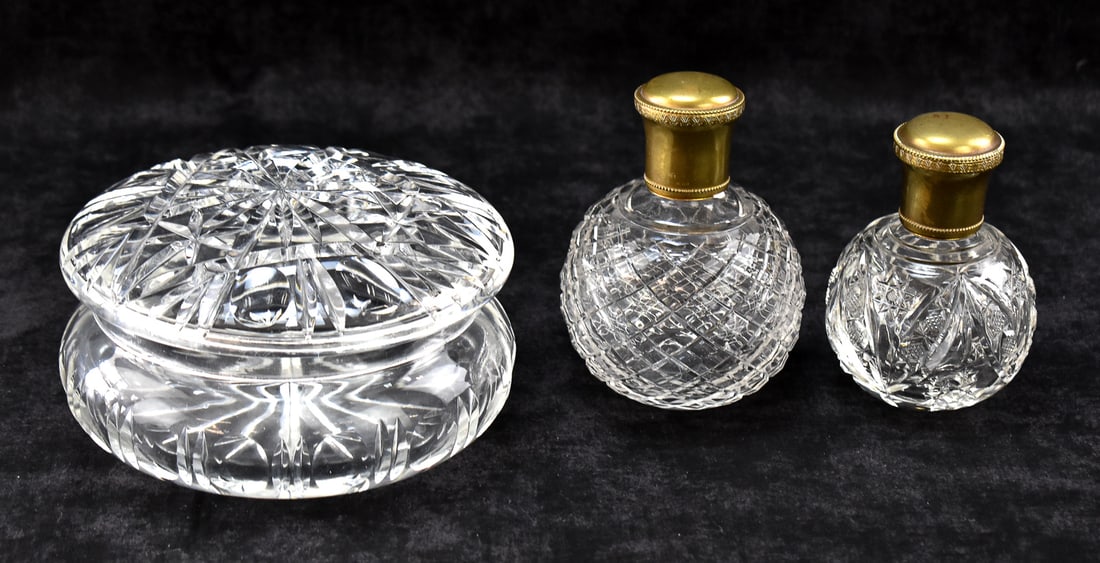 BRILLIANT CUT GLASS DRESSER BOX & TWO ENGLISH SCENT BOTTLES (1 of 2)