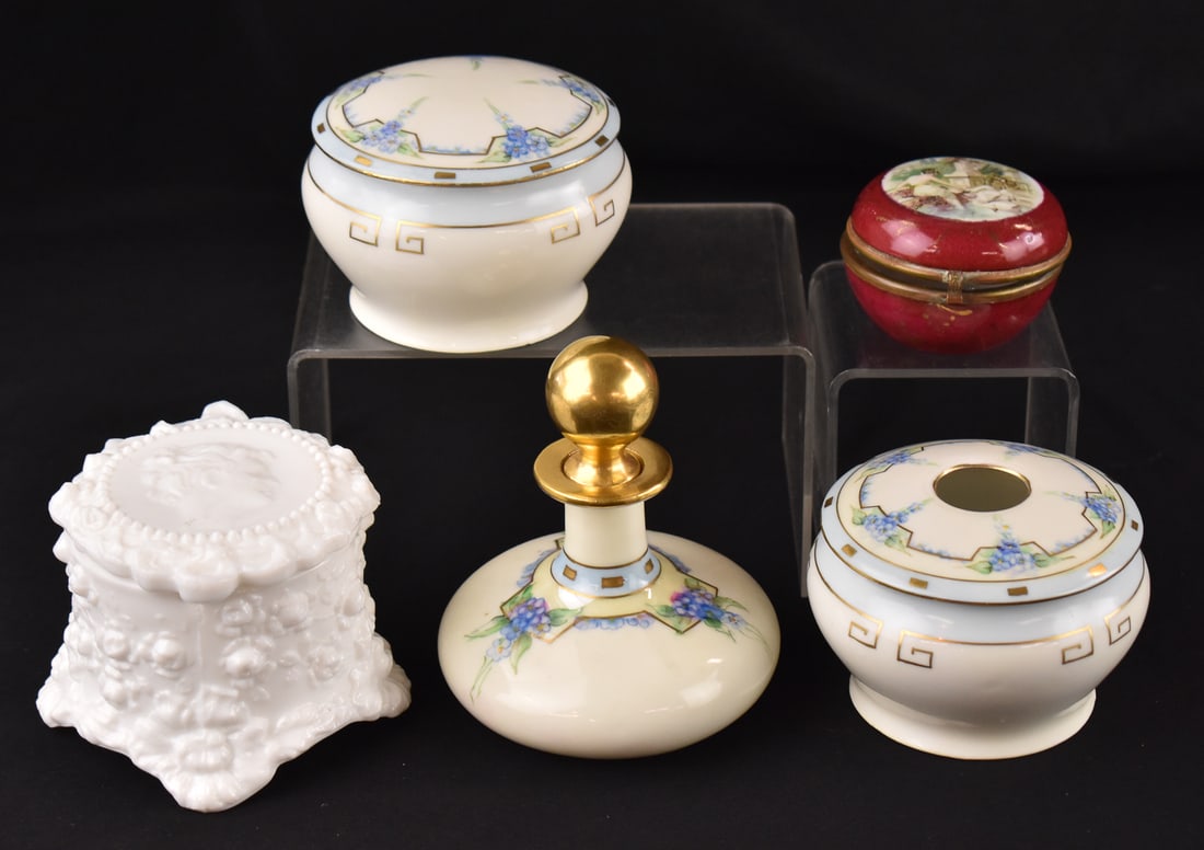 VANITY ASSORTMENT: FOSTORIA 'JENNY LIND' PIN BOX, WEIMAR GERMANY DRESSER BOX AND HAIR RECEIVER, & (1 of 4)