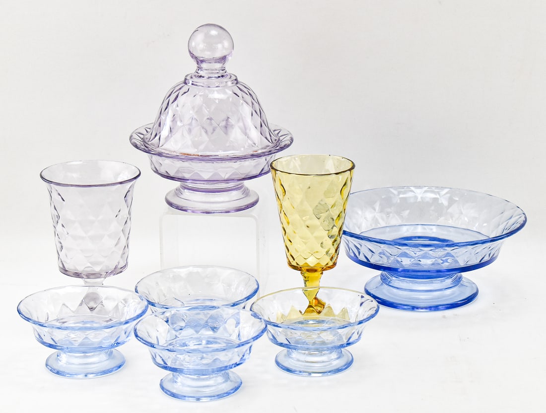 EIGHT DIAMOND-QUILTED GLASS PIECES: BOWLS, BUTTER DISH, GOBLETS (ATTR.) BRYCE BROTHERS (1 of 2)