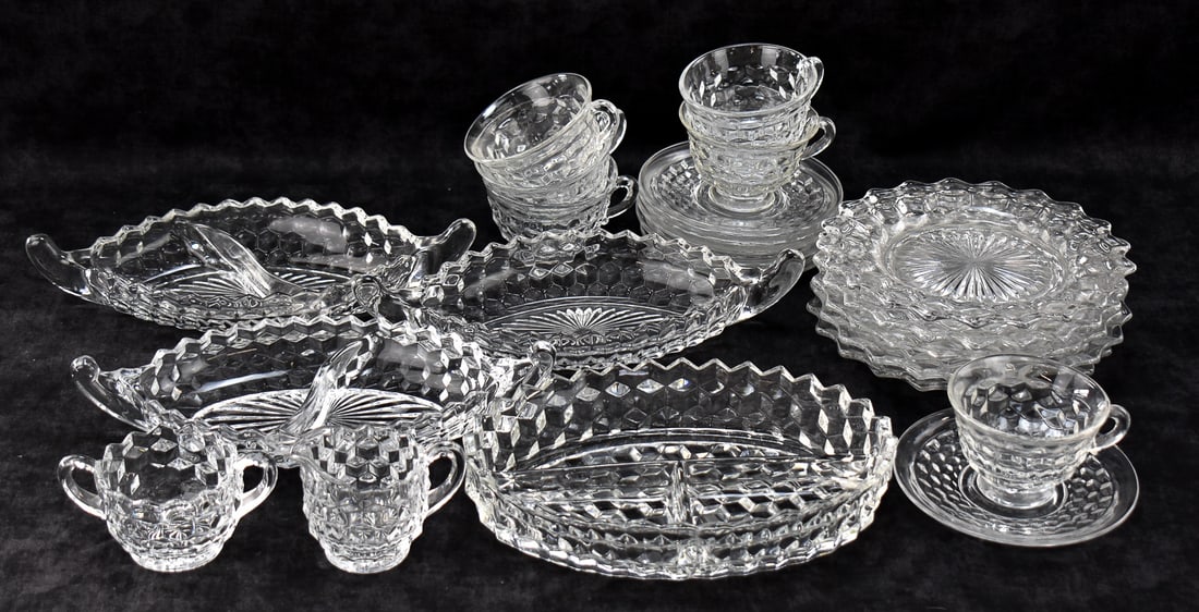 FOSTORIA 'AMERICAN': RELISH DISHES, CUPS AND SAUCERS, SALAD PLATES (1 of 2)