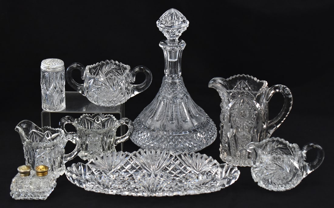 CUT GLASS ASSORTMENT: HAWKES (ATTR.) CELERY DISH, FOSTORIA (ATTR.) SALT & PEPPER SHAKERS, IMPERIAL (1 of 2)