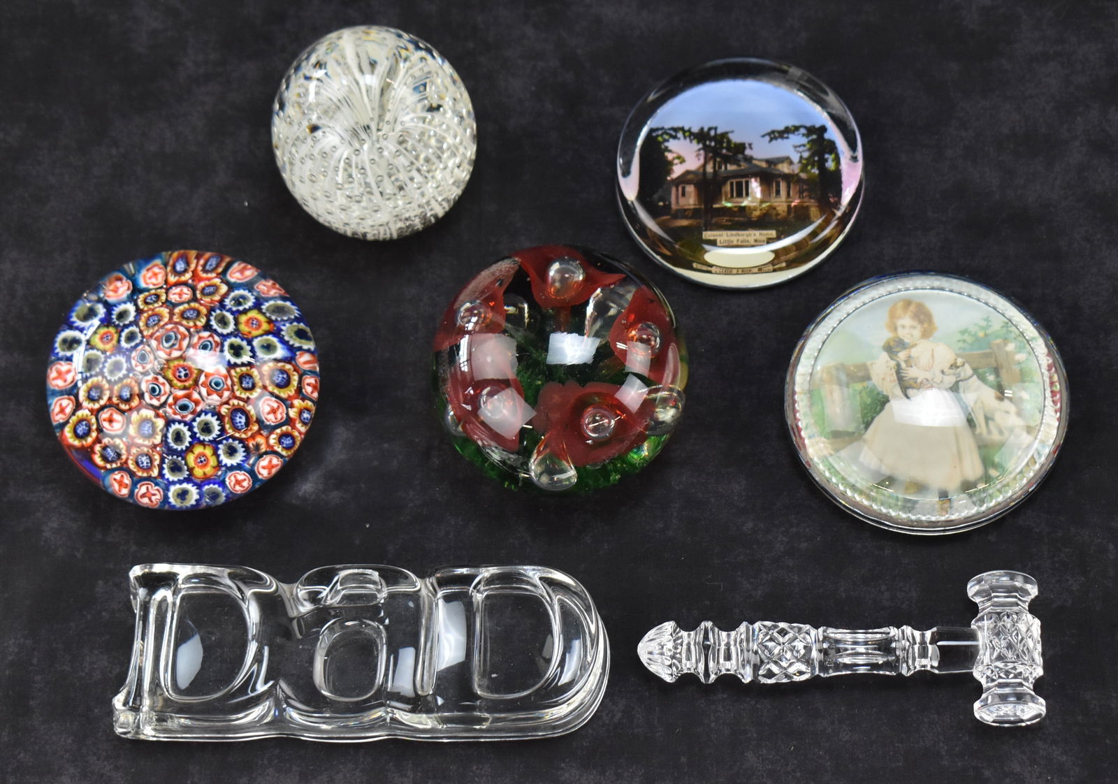 SEVEN GLASS PAPERWEIGHTS: MURANO, VICTORIAN GIRL & DOG, COLONEL LINDBERGH'S HOME, & MORE (1 of 4)
