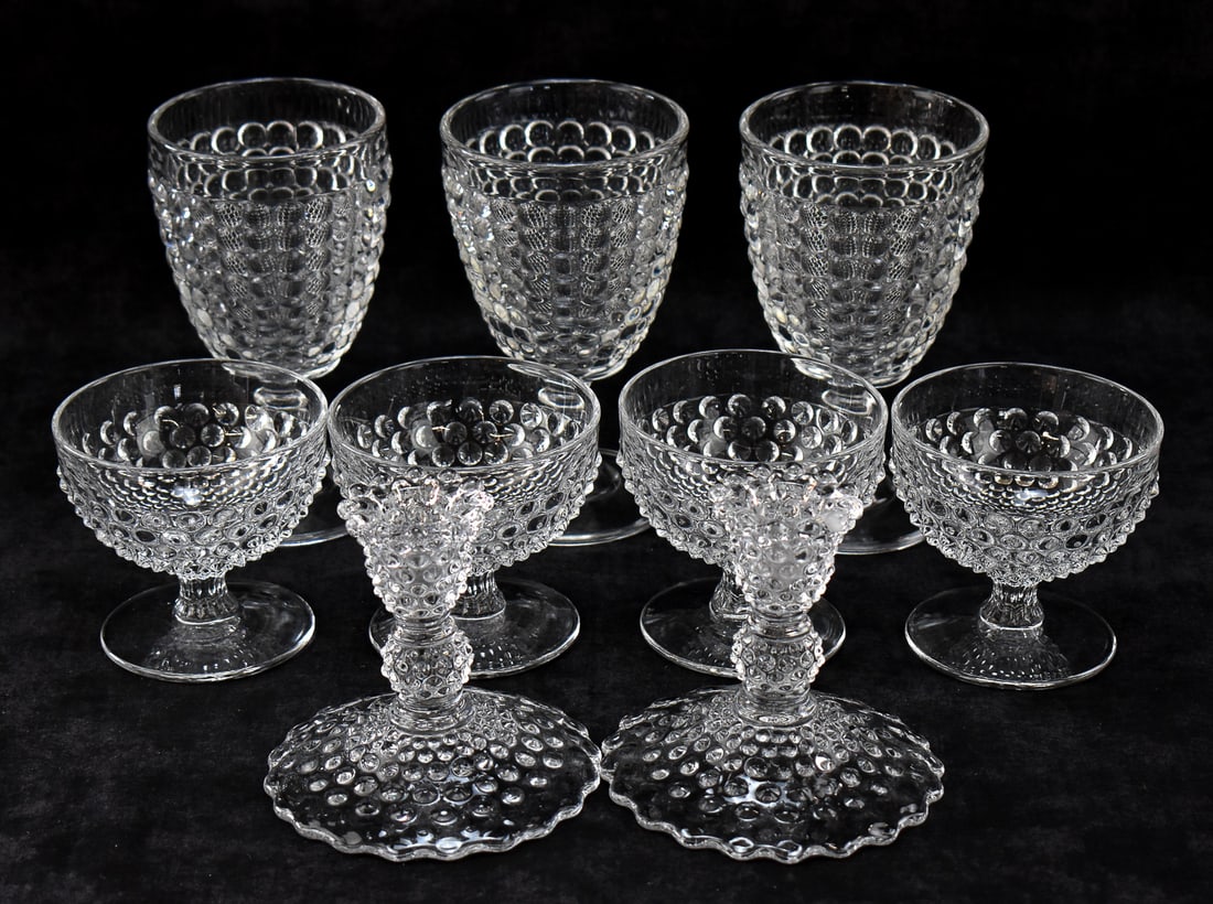 DUNCAN MILLER 'HOBNAIL' & 'THOUSAND EYE' PIECES: CANDLESTICK PAIR, SHERBETS, GOBLETS (1 of 2)