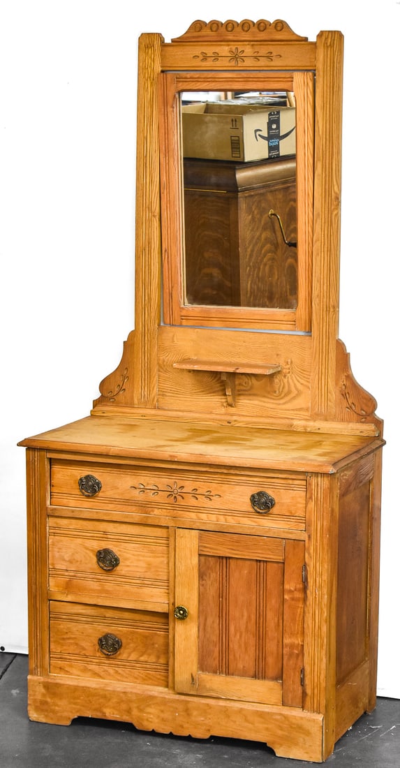 VICTORIAN EASTLAKE OAK WASHSTAND WITH HAND-CARVED MIRROR (1 of 2)