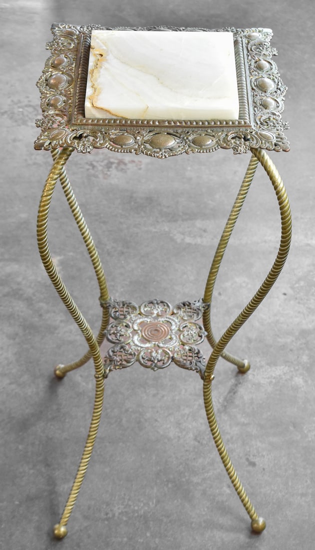 VICTORIAN BRASS PLANT STAND W/ MARBLE TOP (1 of 2)