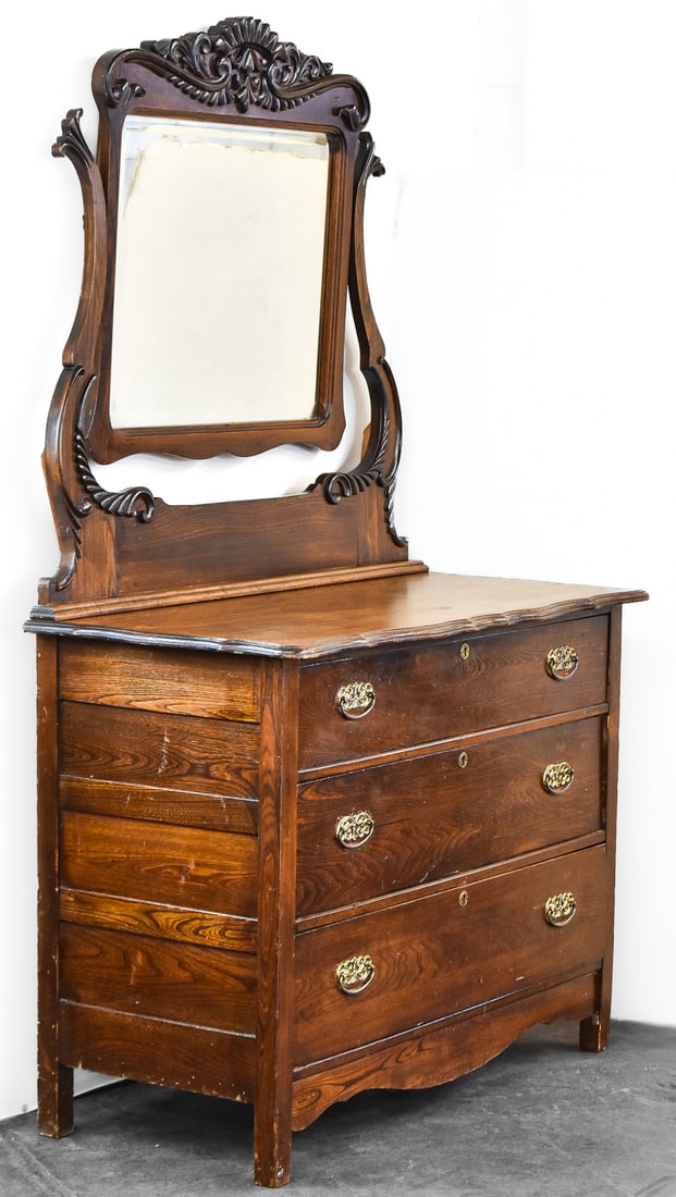 VICTORIAN THREE-DRAWER WALNUT DRESSER WITH MIRROR (1 of 3)
