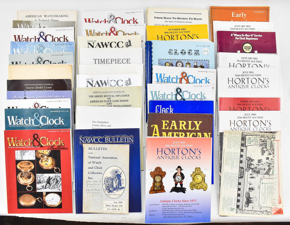 COLLECTION OF ANTIQUE CLOCK RELATED MAGAZINES: A collection of antique clock related magazines which includes The Watch & Clock Bulletin, Horton's Antique Clock and more. Magazines measure approx. 13'H x 10"w x .5" each.