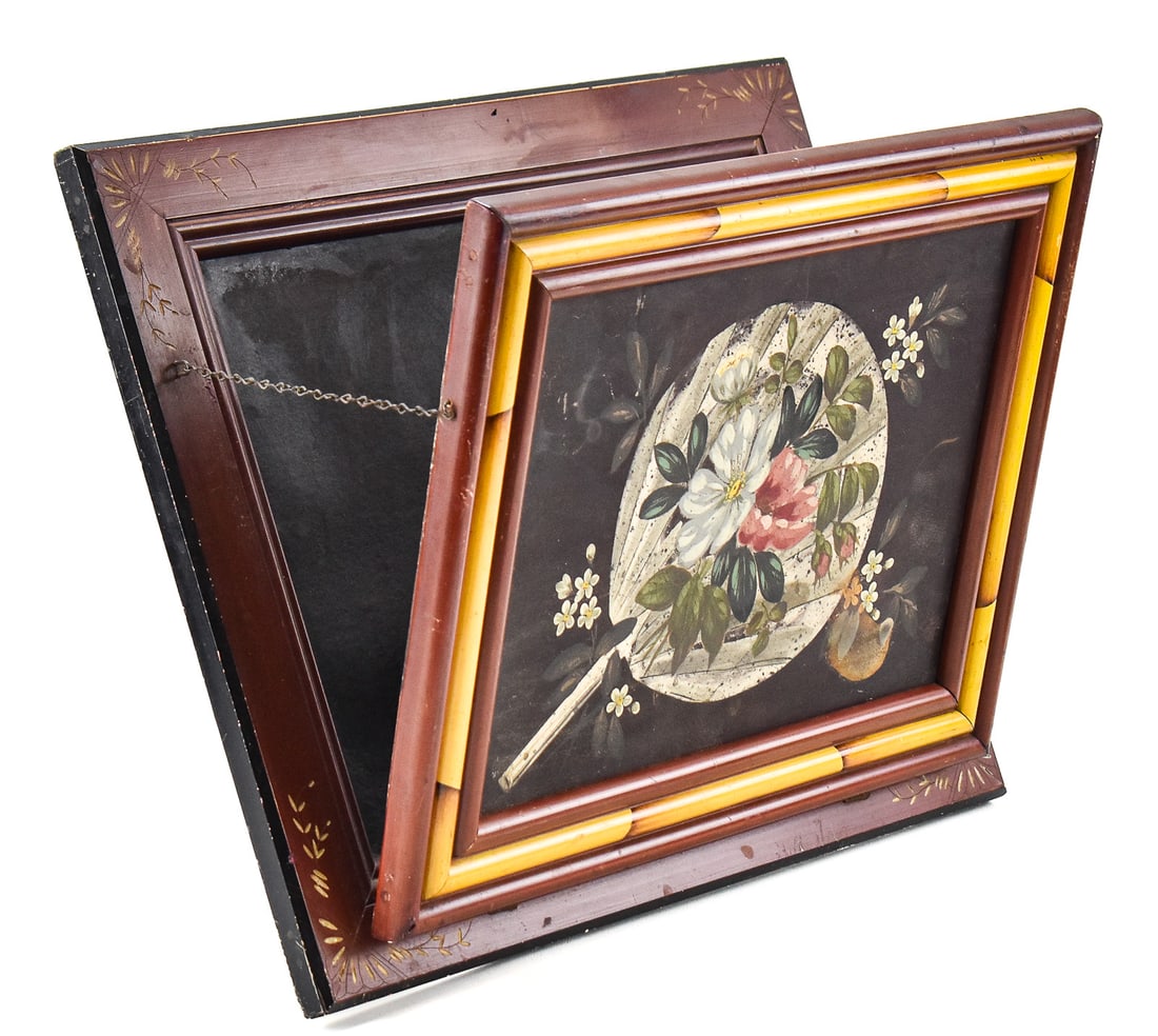 HAND-PAINTED VICTORIAN WALL POCKET BY DEE TOSCANA: Antique wood and bamboo Victorian wall-hanging pocket with hinge and chain. Features a hand-painted oil painting on inset board with flora and fan by artist, Dee Toscana. Art measures 9.5" H x 13.5"